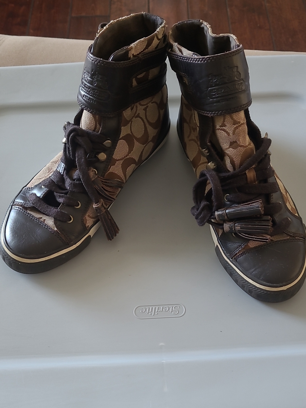 Coach Brown Monogram High-Top Sneakers with Dark Brown Trim Size 7.5 - Picture 2 of 12